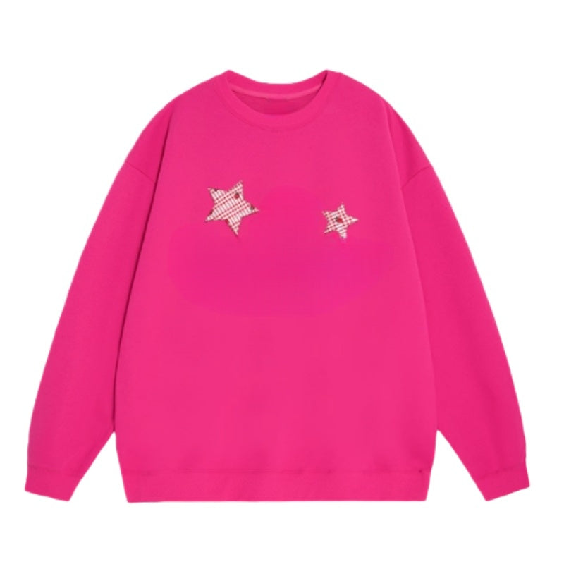 Star-Patterned Fuchsia Loose-Fitting Sweatshirt